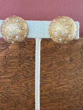 Christian Dior Gold Tone Rhinestone Dome Clip On Earrings